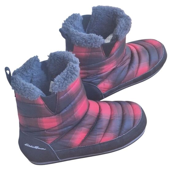 Eddie Bauer Red & Black Plaid Sherpa Lined Thermal Camp Boot Mid Calf Quilted 7 - Picture 12 of 16